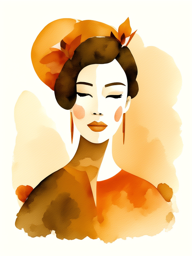 Illustration of a woman with autumn-themed headpiece and clothing on a white background