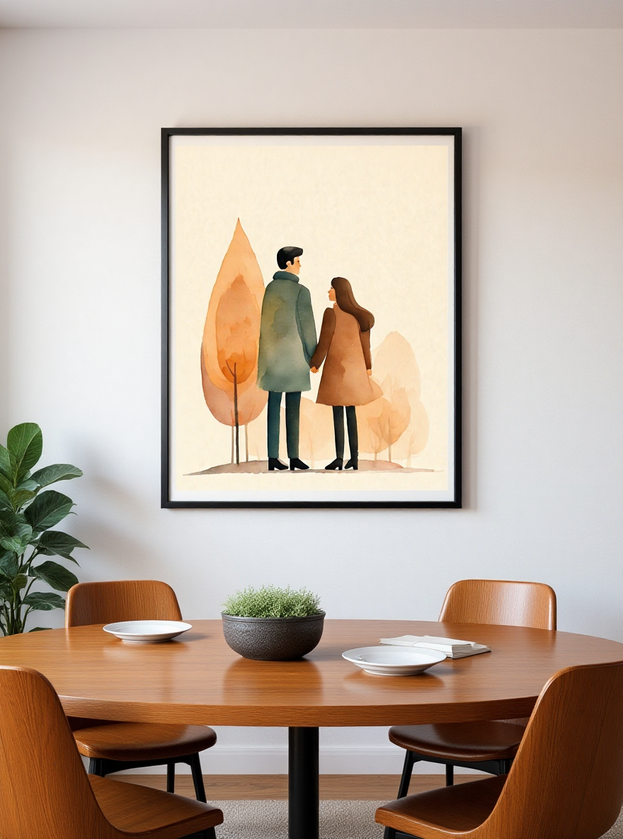 Framed artwork of two people holding hands in front of abstract shapes in a dining room setting.