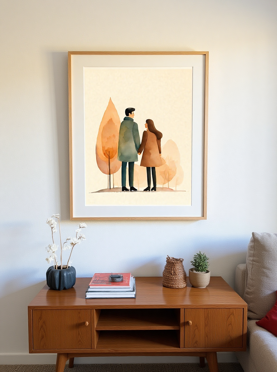 Framed artwork of two people holding hands with abstract trees in a living room setting.