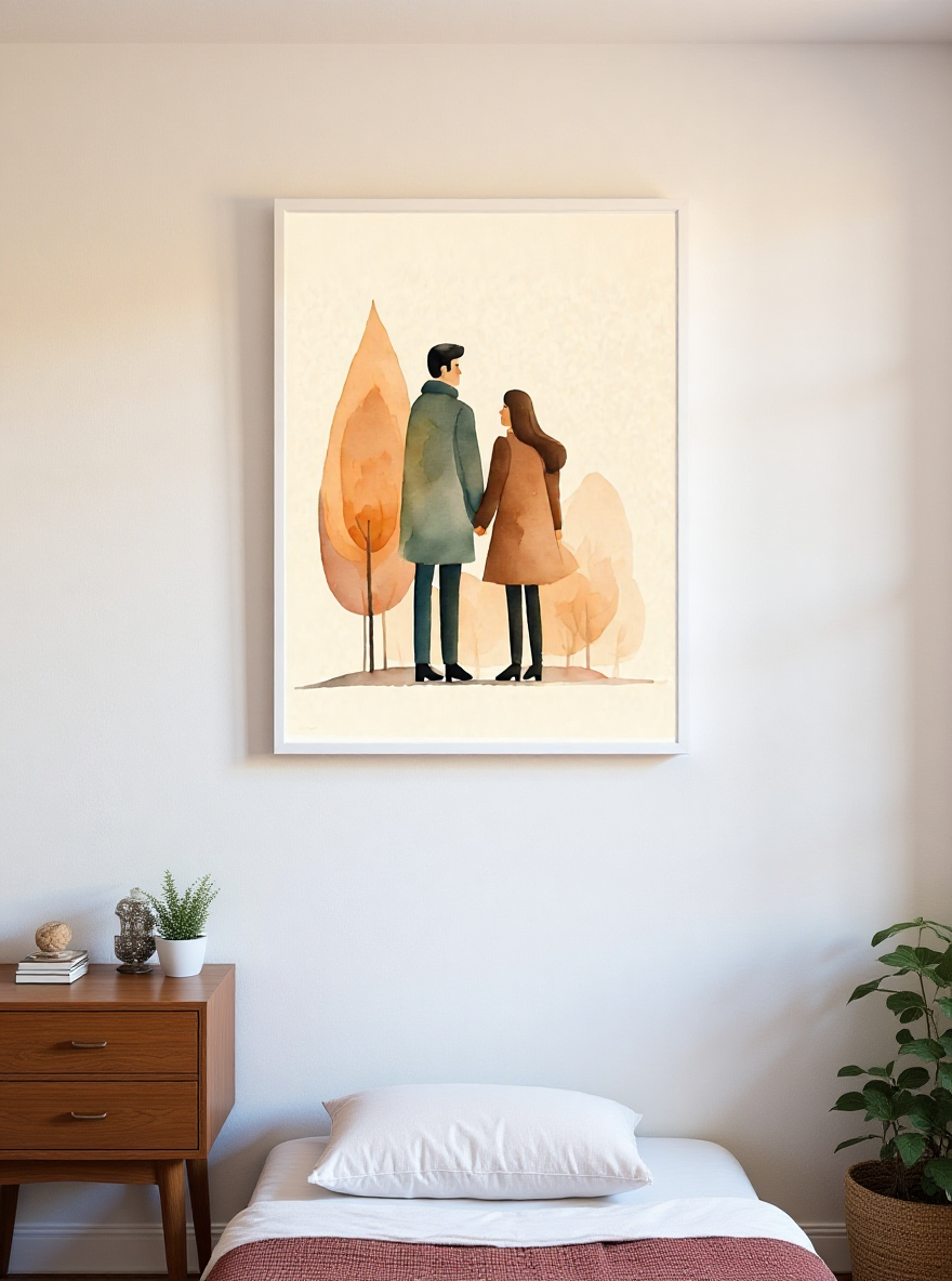Framed artwork of a couple holding hands between two large leaves in a bedroom setting.