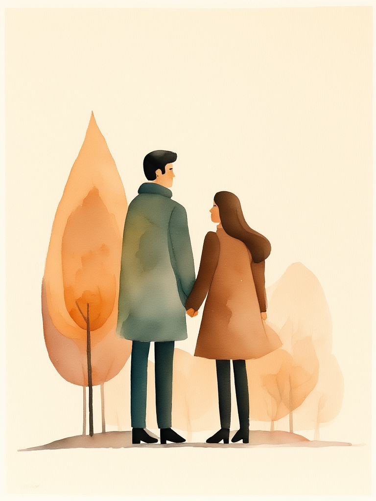 Illustration of a couple holding hands in a forest with autumn leaves.
