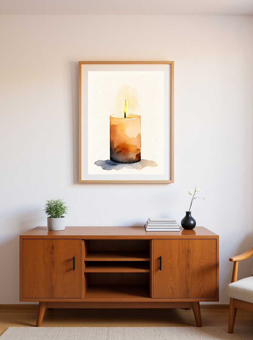 Framed artwork of a candle on a wall above a bed with a plant beside it.