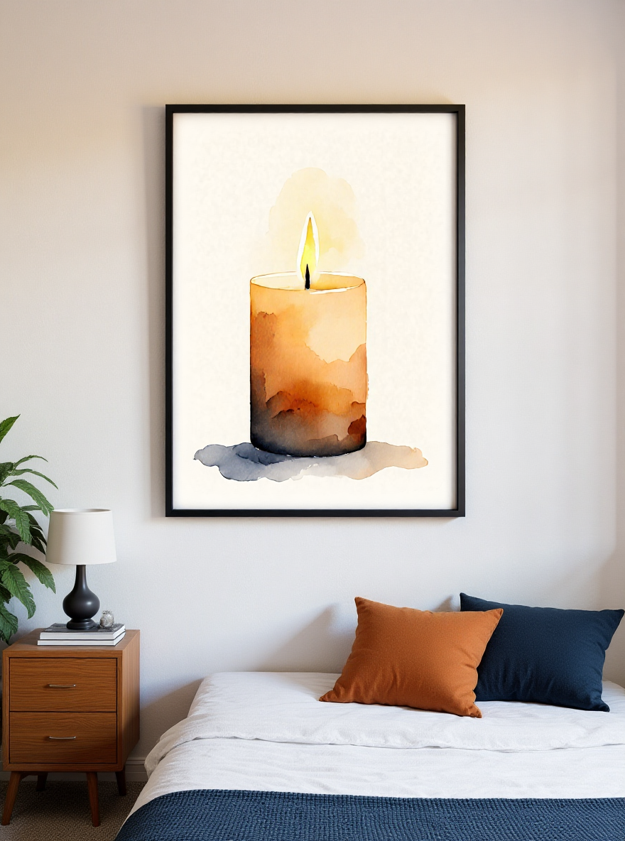 Framed artwork of a candle on a wall above a wooden cabinet.