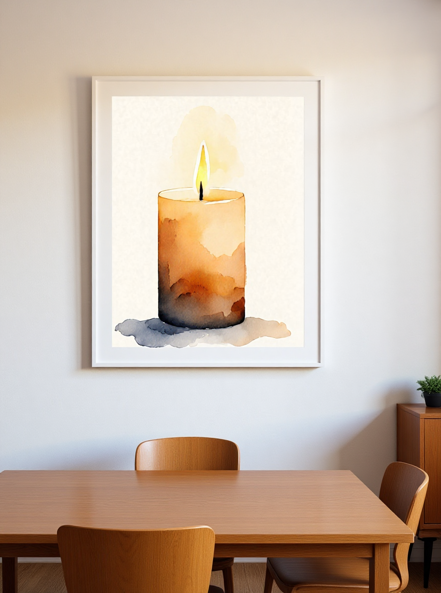 Framed artwork of a candle on a wall above a wooden cabinet with books and a lamp.