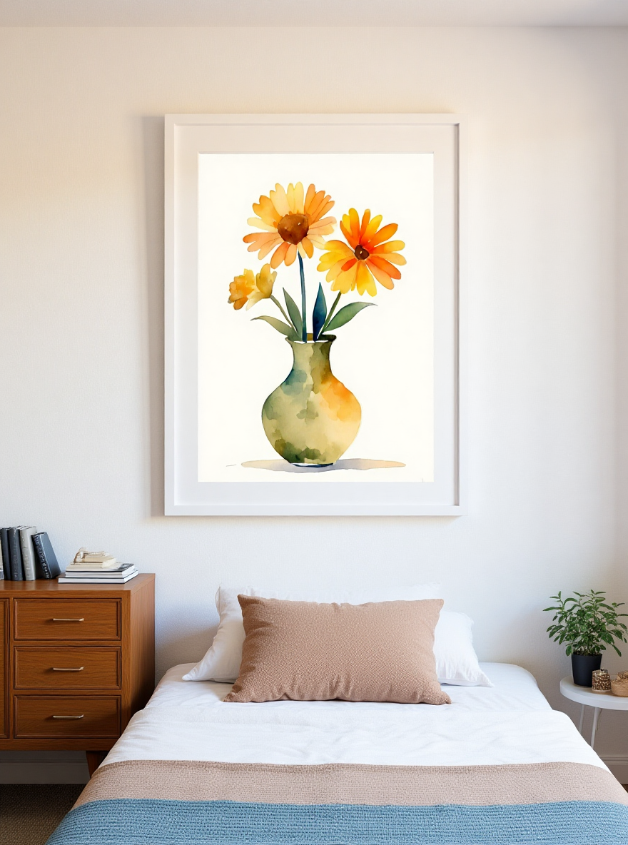 Framed artwork of a vase with flowers above a bed in a bedroom.