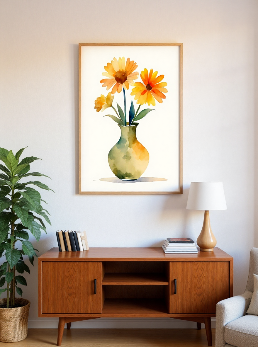 Framed artwork of a vase with flowers on a wall above a wooden cabinet.