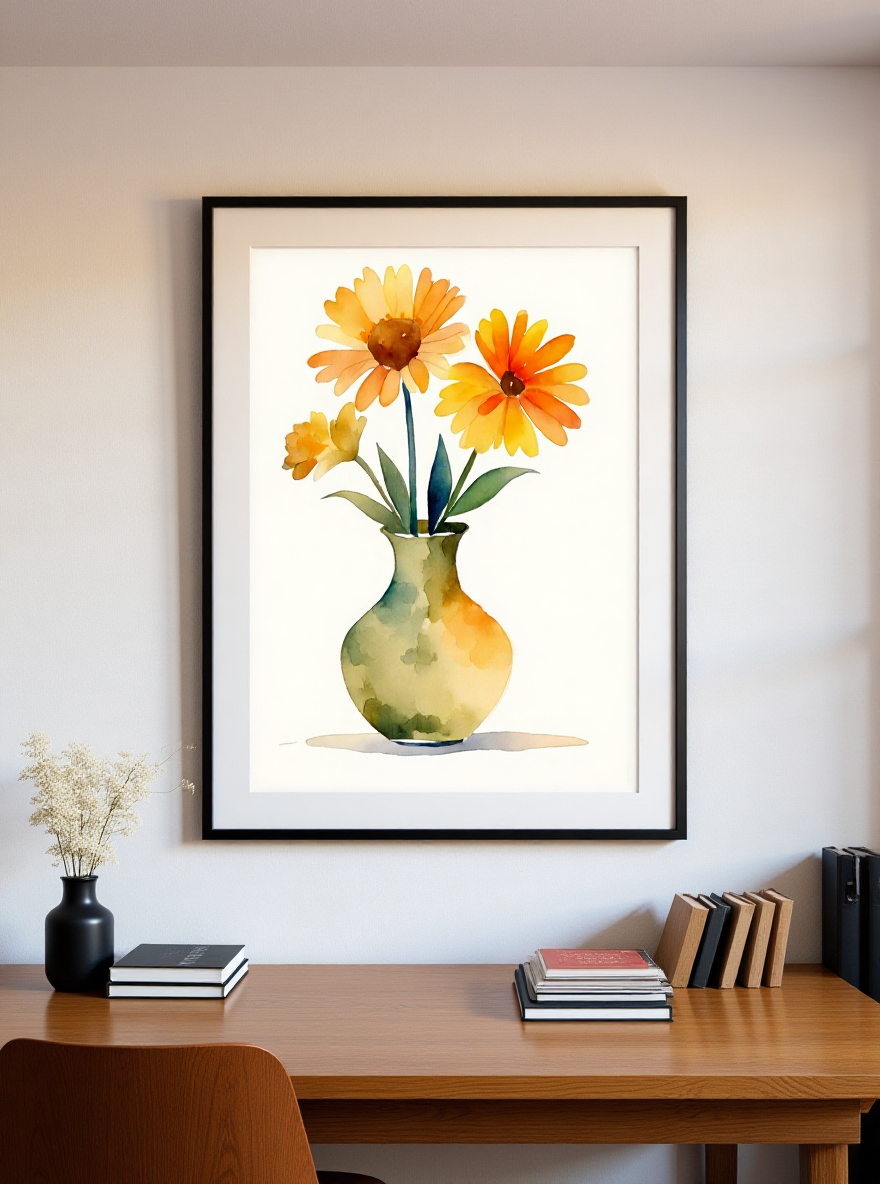 Framed artwork of a vase with yellow flowers on a wall above a desk.