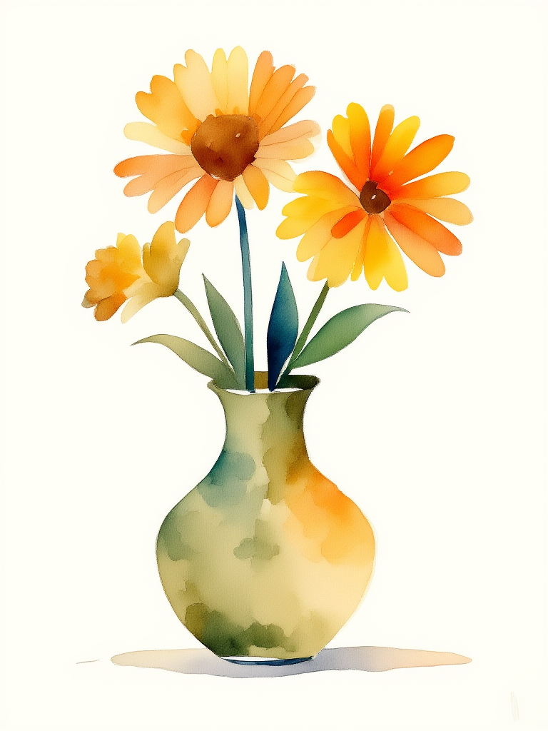 Vase with yellow flowers on a white background