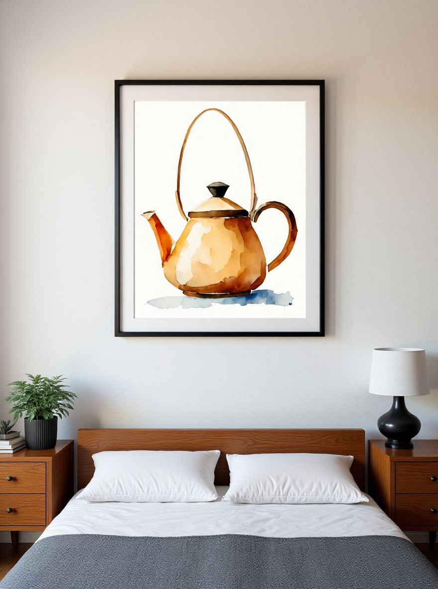 Framed artwork of a teapot on a wall above a bed
