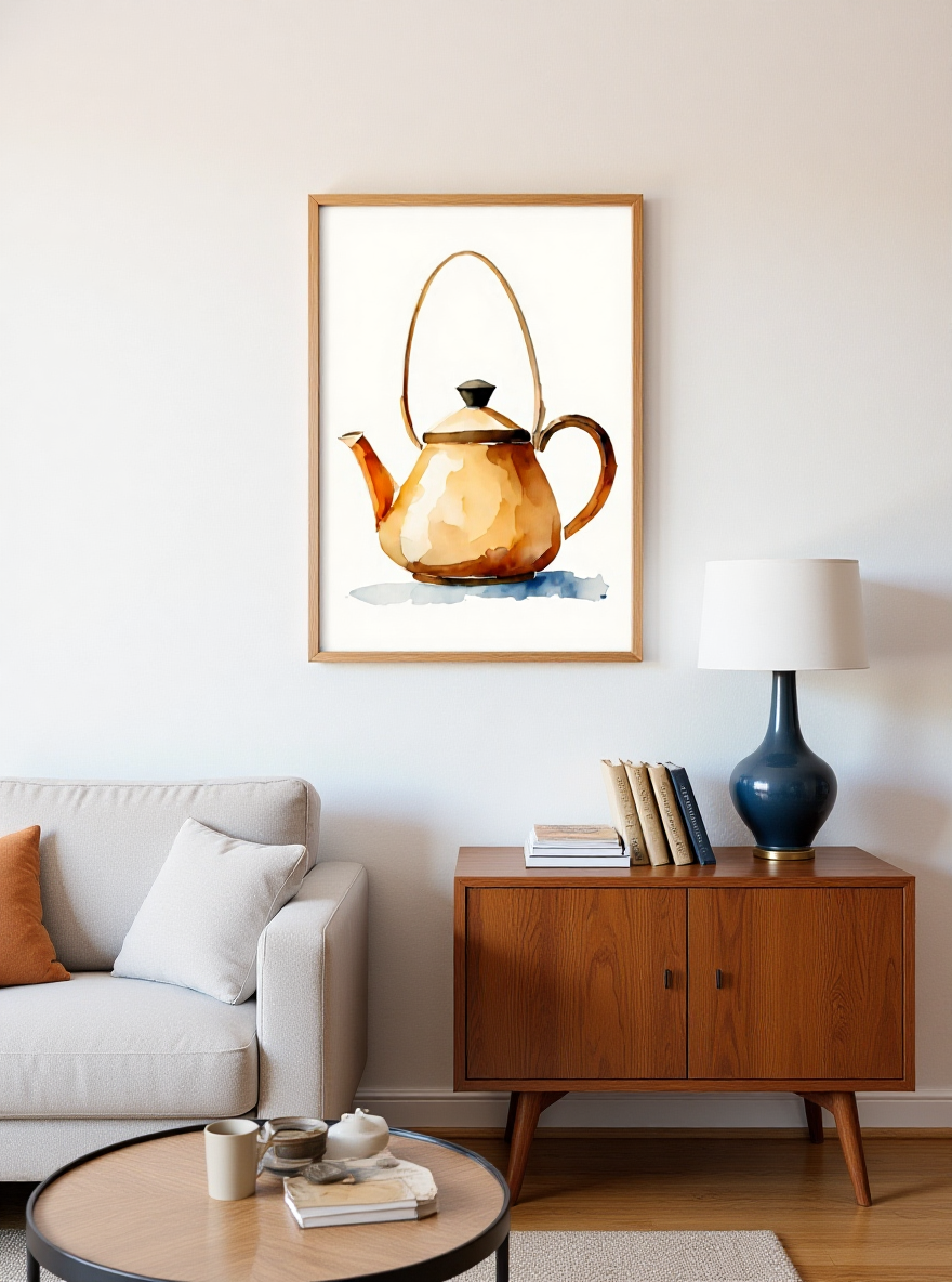 Framed artwork of a teapot on a wall above a living room setting with a sofa and side table.