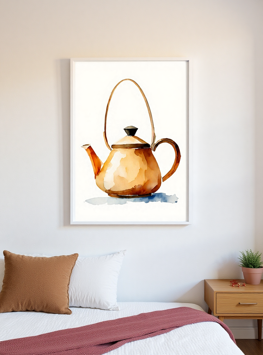 Framed artwork of a teapot on a wall above a bed.