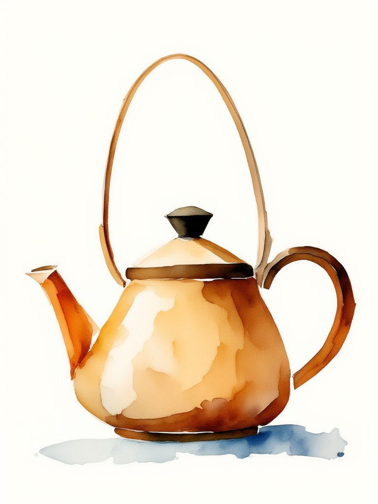 Ceramic teapot with a gold handle and accents on a white background