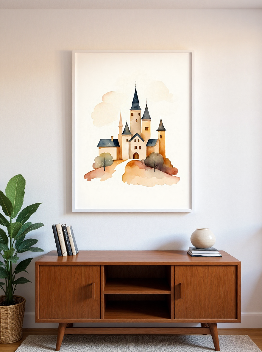 Framed artwork of a castle on a wall above a wooden cabinet.
