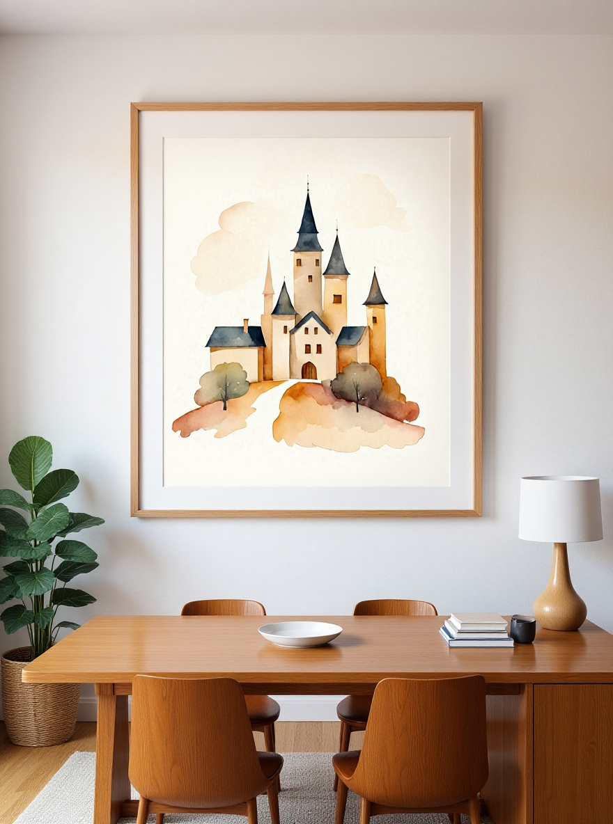 Framed artwork of a castle on a wall above a wooden table with chairs.