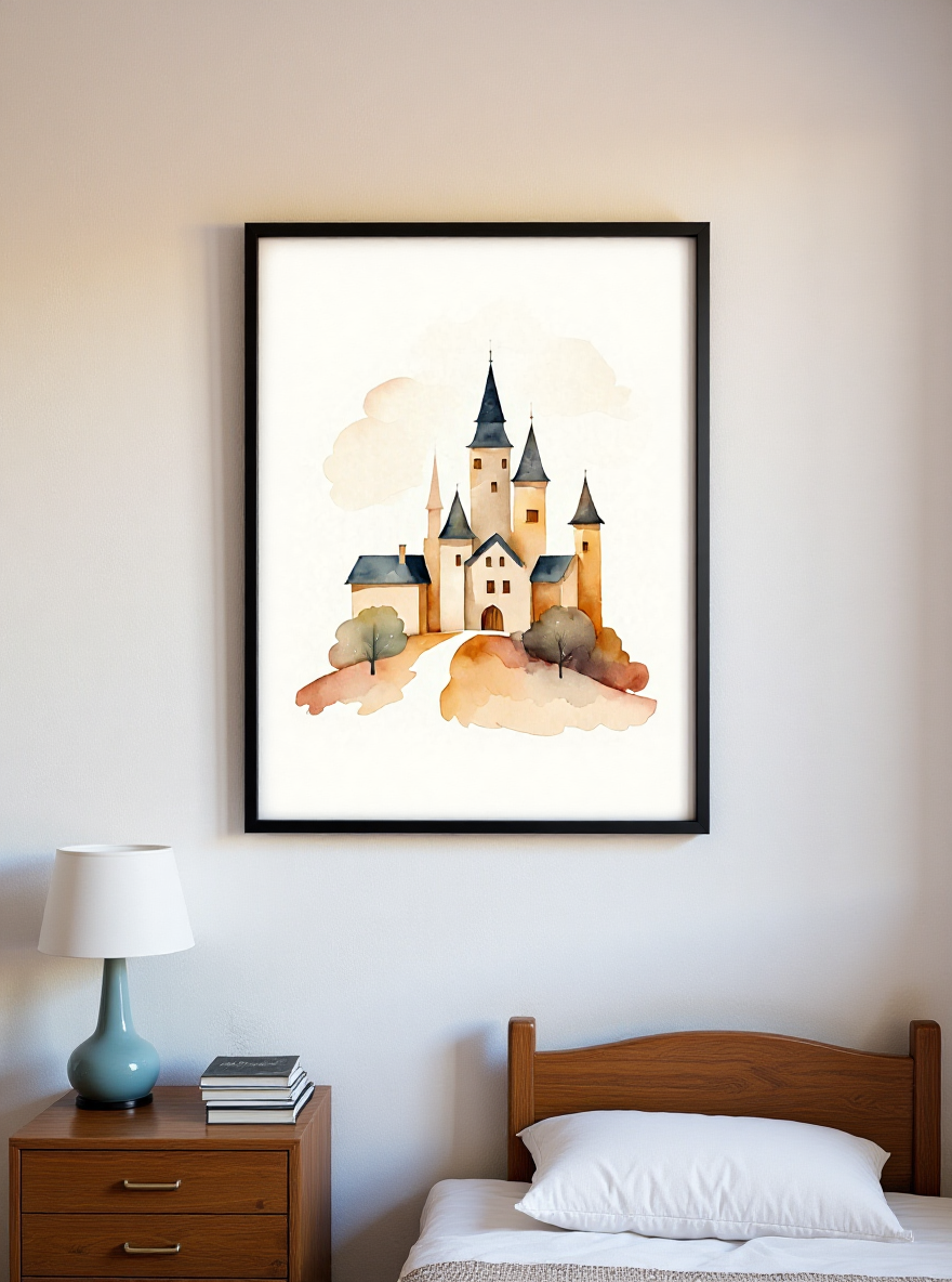 Framed artwork of a castle on a wall above a bed