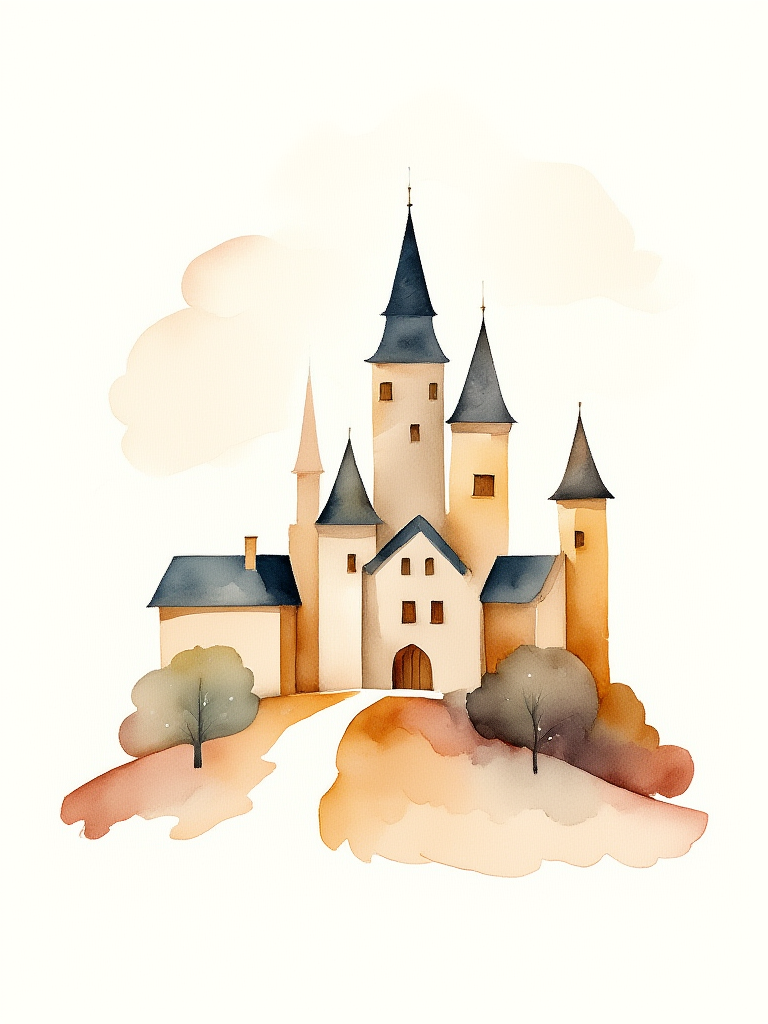 Illustration of a castle with trees and a sunset in the background