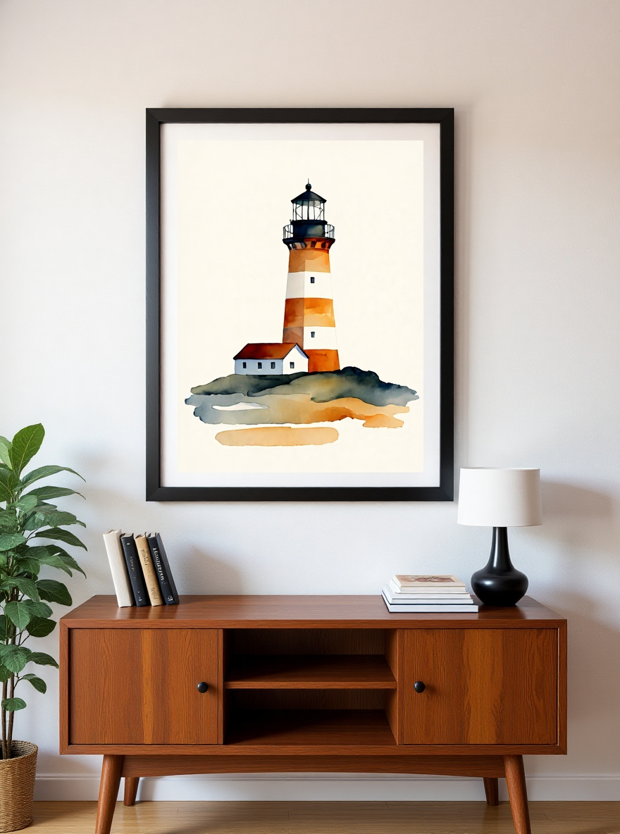 Framed artwork of a lighthouse on a wall above a wooden cabinet.