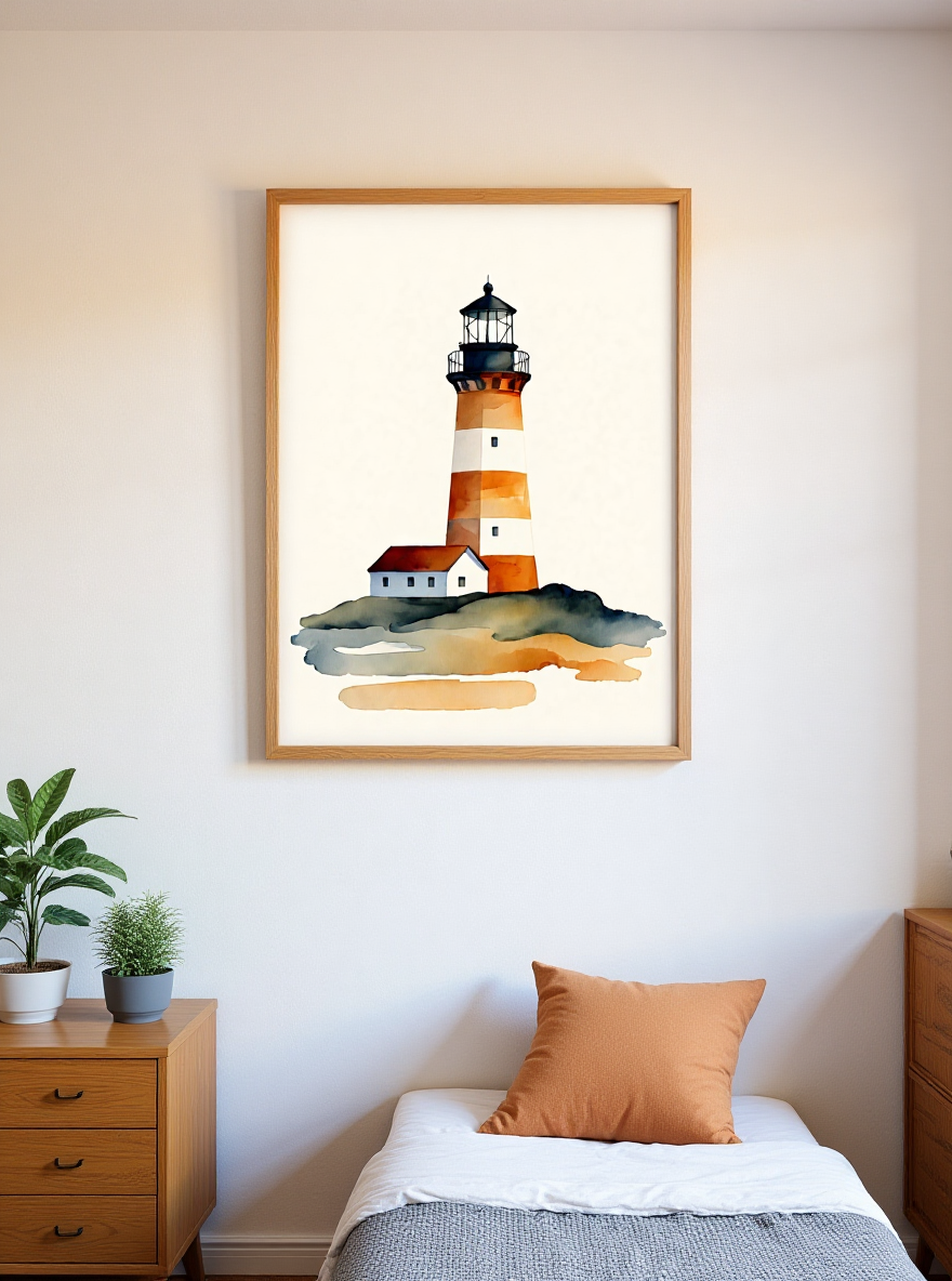 Framed artwork of a lighthouse on a wall above a bed with a wooden nightstand.