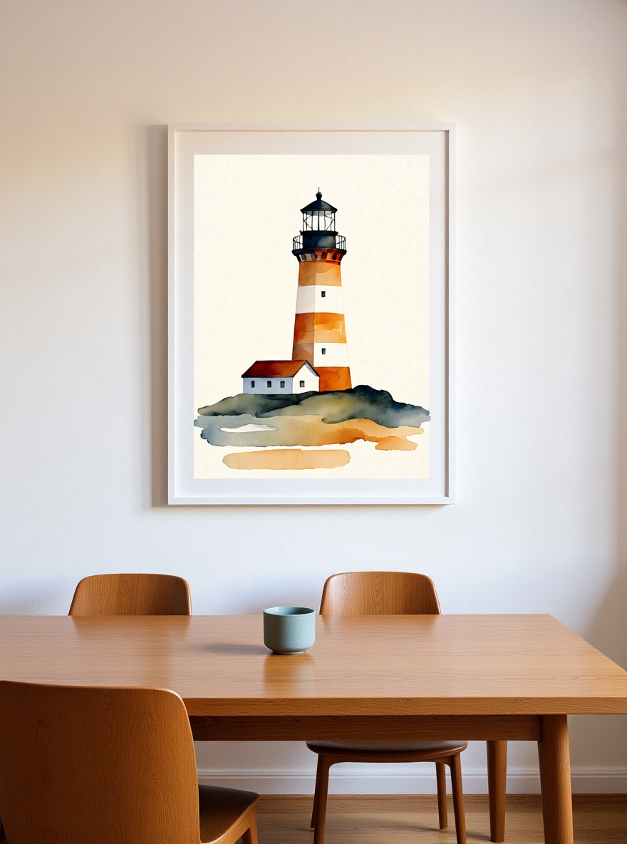 Framed artwork of a lighthouse on a wall above a wooden dining table.