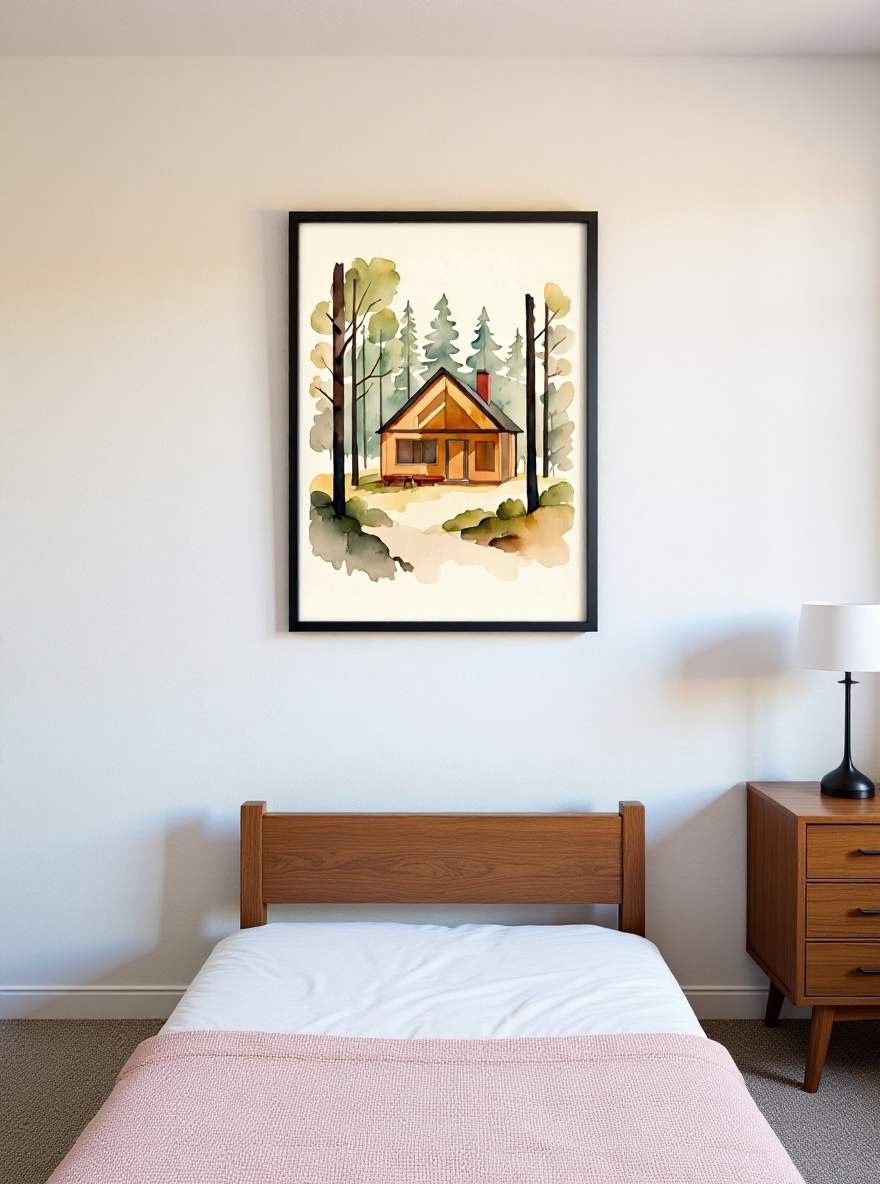 Framed artwork of a cabin in the woods above a bed in a bedroom.