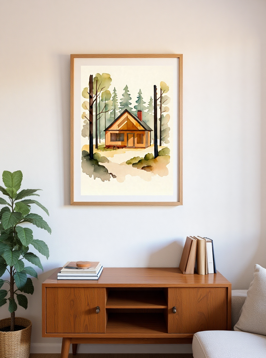 Framed artwork of a cabin in the woods above a wooden cabinet in a room.