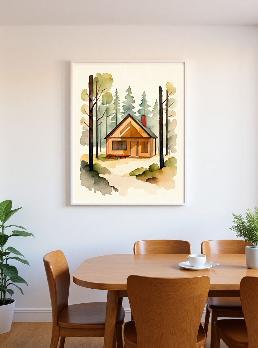 Framed artwork of a cabin in the woods above a wooden dining table with chairs.