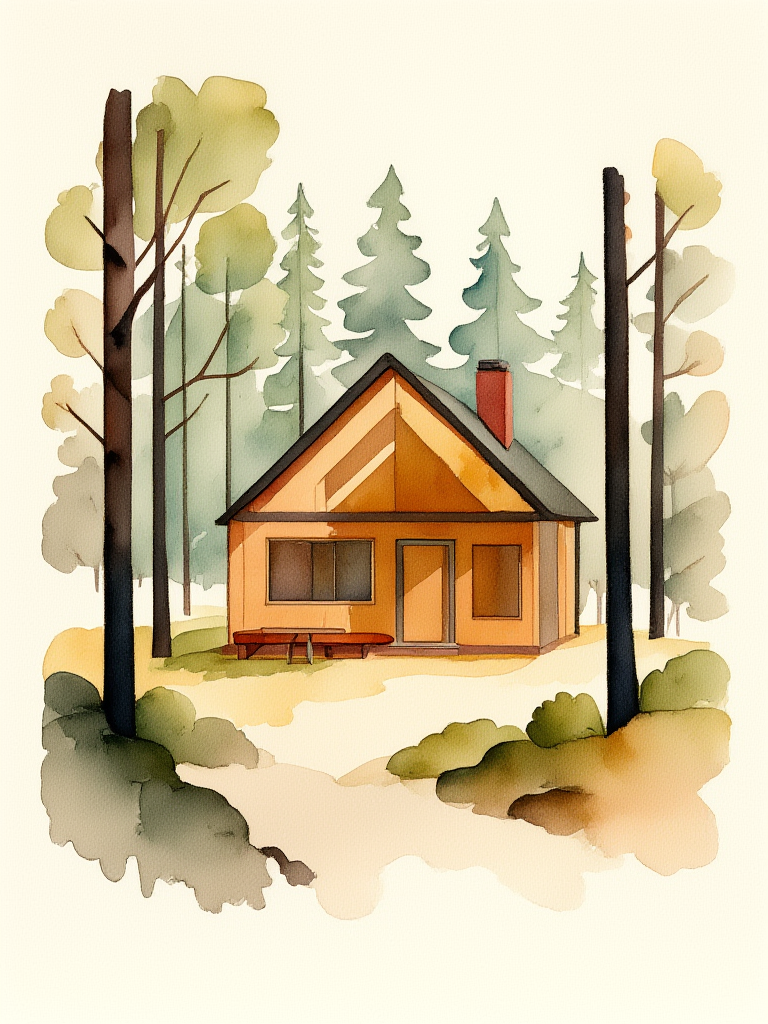 Illustration of a cabin in the woods with trees and a clear sky.