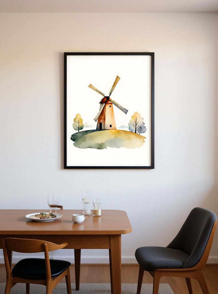 Framed artwork of a windmill on a wall above a dining table with chairs.