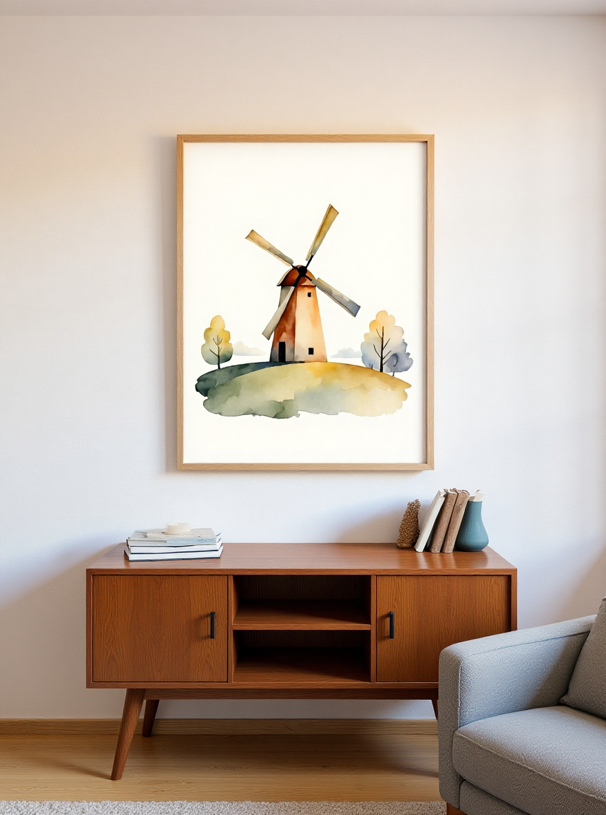 Framed artwork of a windmill on a wall above a wooden cabinet.