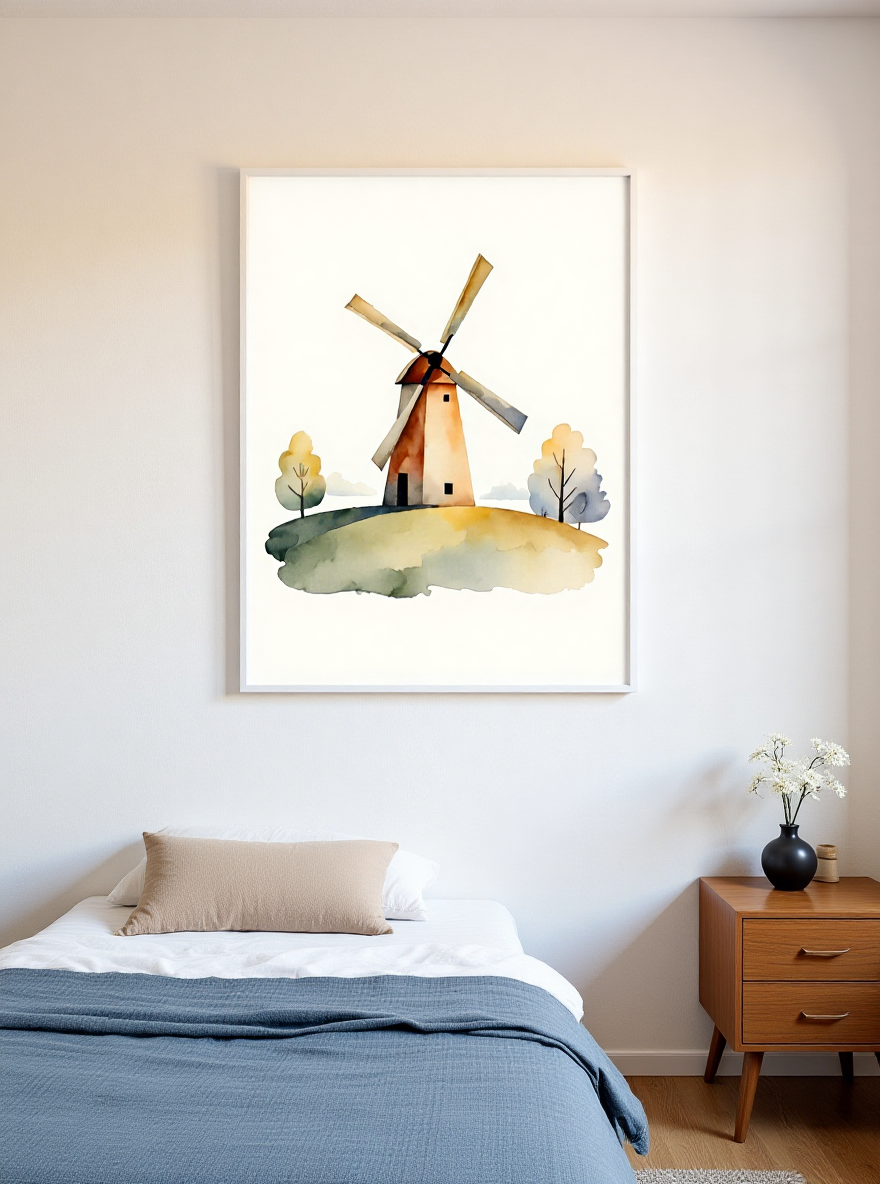 Framed artwork of a windmill on a wall above a bed in a bedroom.