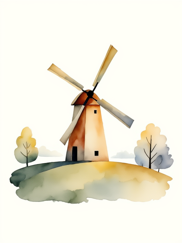 Illustration of a windmill with trees on a white background