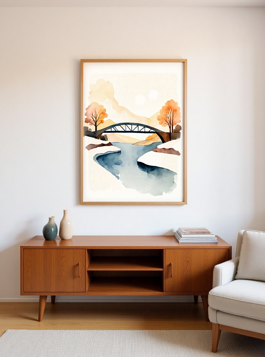 Framed landscape painting of a bridge over a river in a dining room.