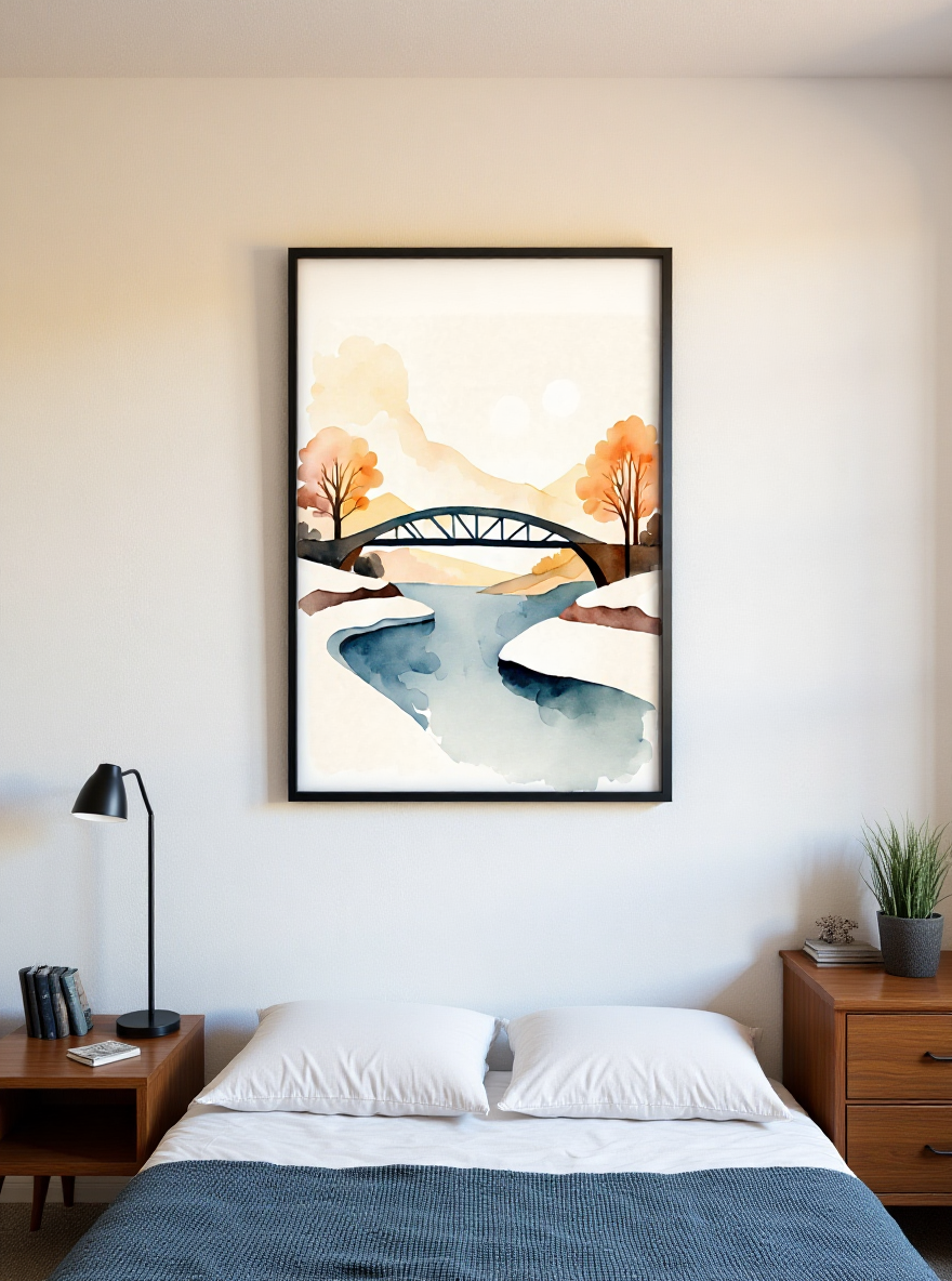 Framed landscape painting above a bed in a bedroom