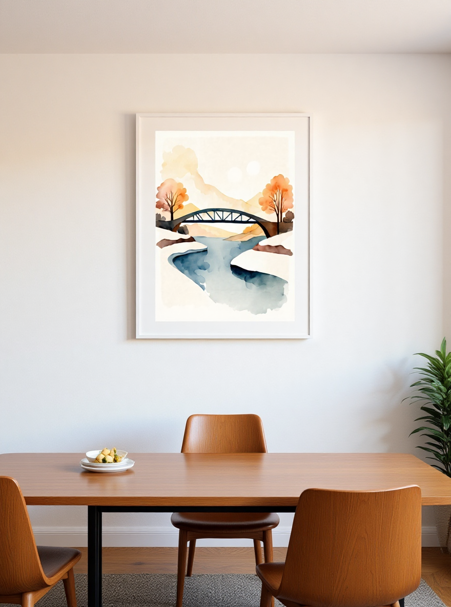 Framed artwork of a landscape with trees and a bridge on a wall above a wooden cabinet.