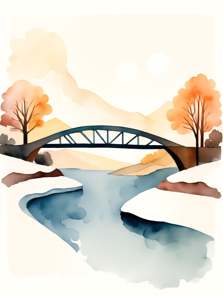 Bridge over a river with trees on either side in a stylized landscape.