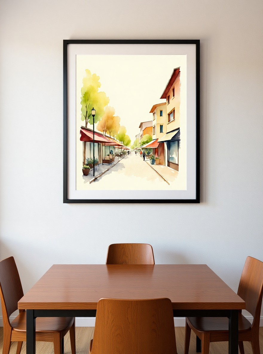 Framed artwork of a street scene in a bedroom with a bed and nightstand.