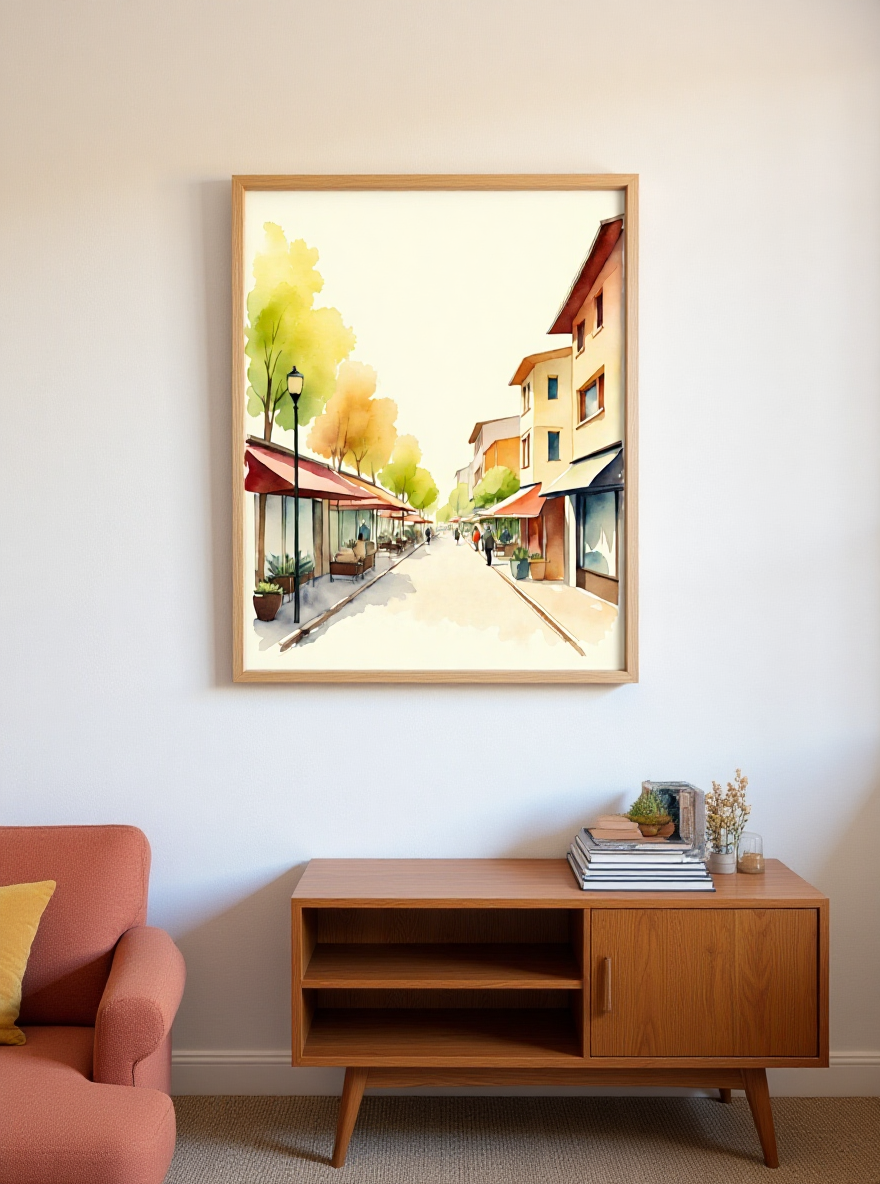 Framed artwork of a street scene on a wall above a wooden cabinet with books and decor.
