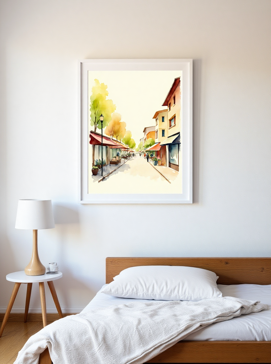 Framed artwork of a street scene on a wall above a wooden table.