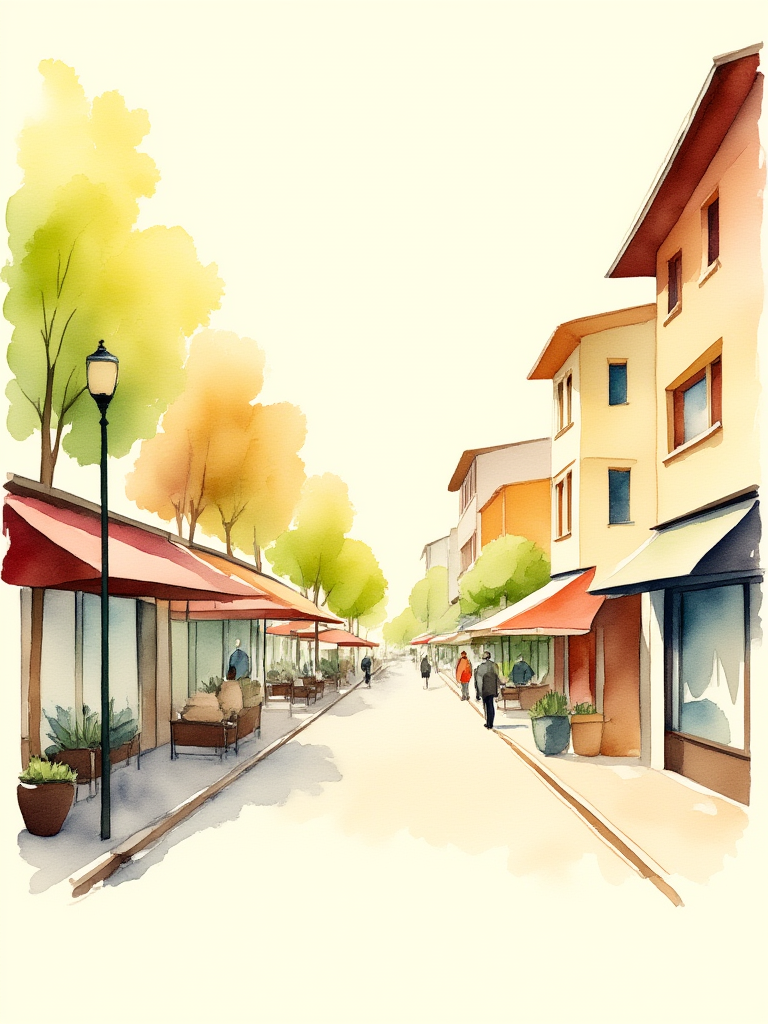 Colorful street scene with shops and people walking, featuring a warm and inviting atmosphere.