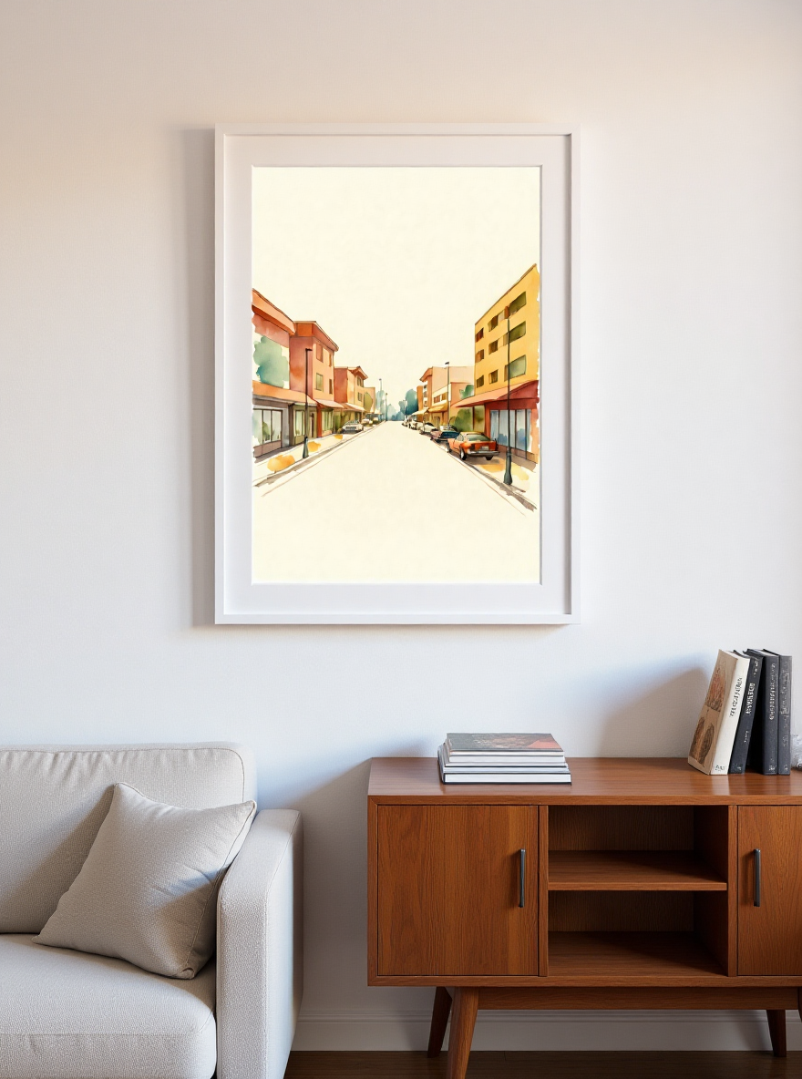 Framed artwork of a city street on a wall above a sofa and wooden cabinet.
