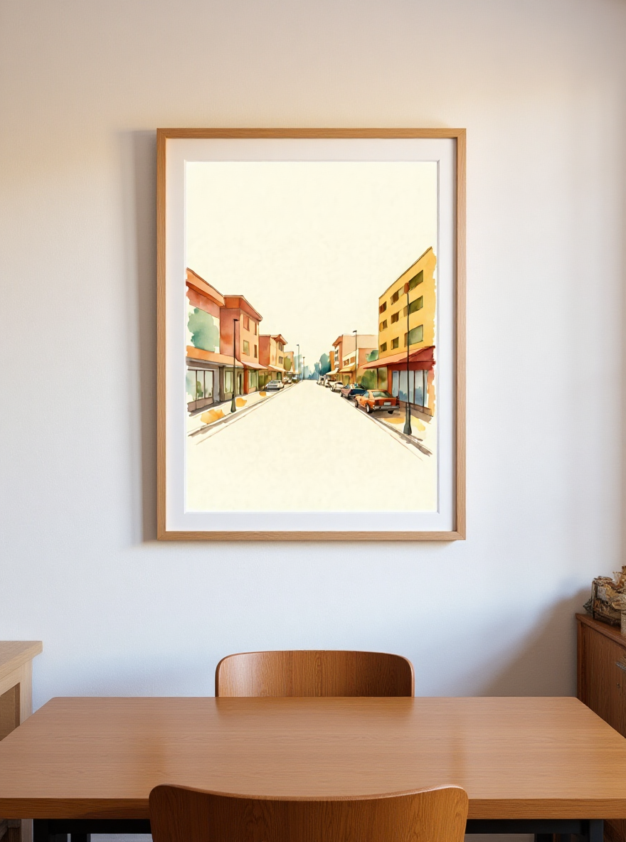 Framed artwork of a street scene on a wall above a wooden table.