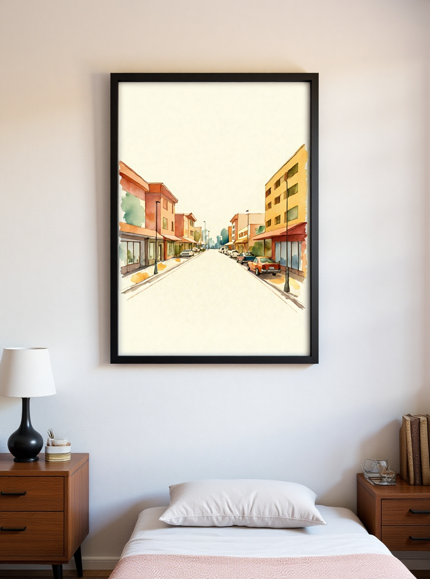 Framed artwork of a street scene on a wall above a bed in a bedroom.
