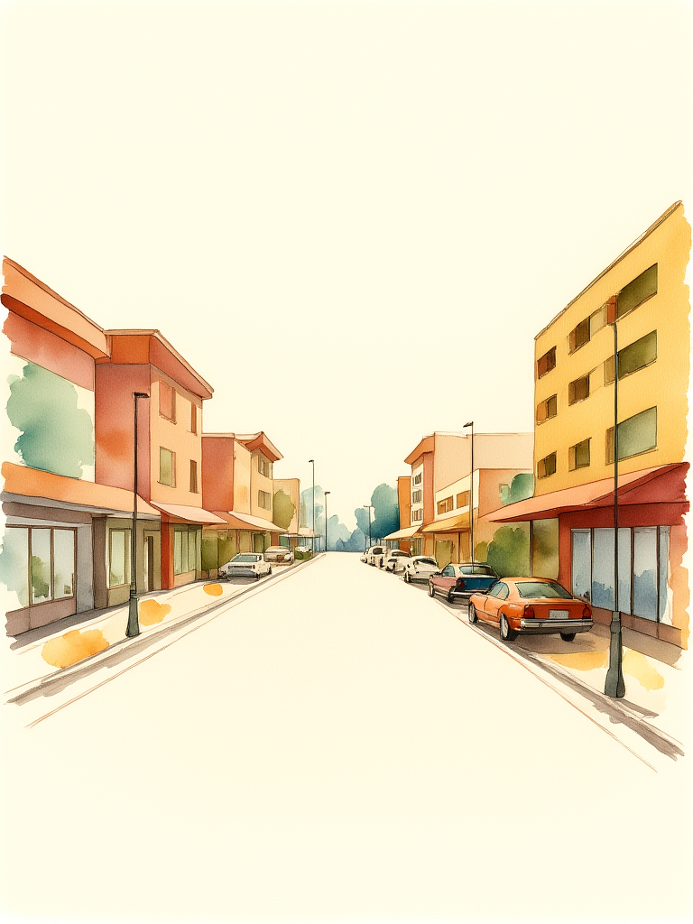 Illustration of a street with buildings and cars on a white background