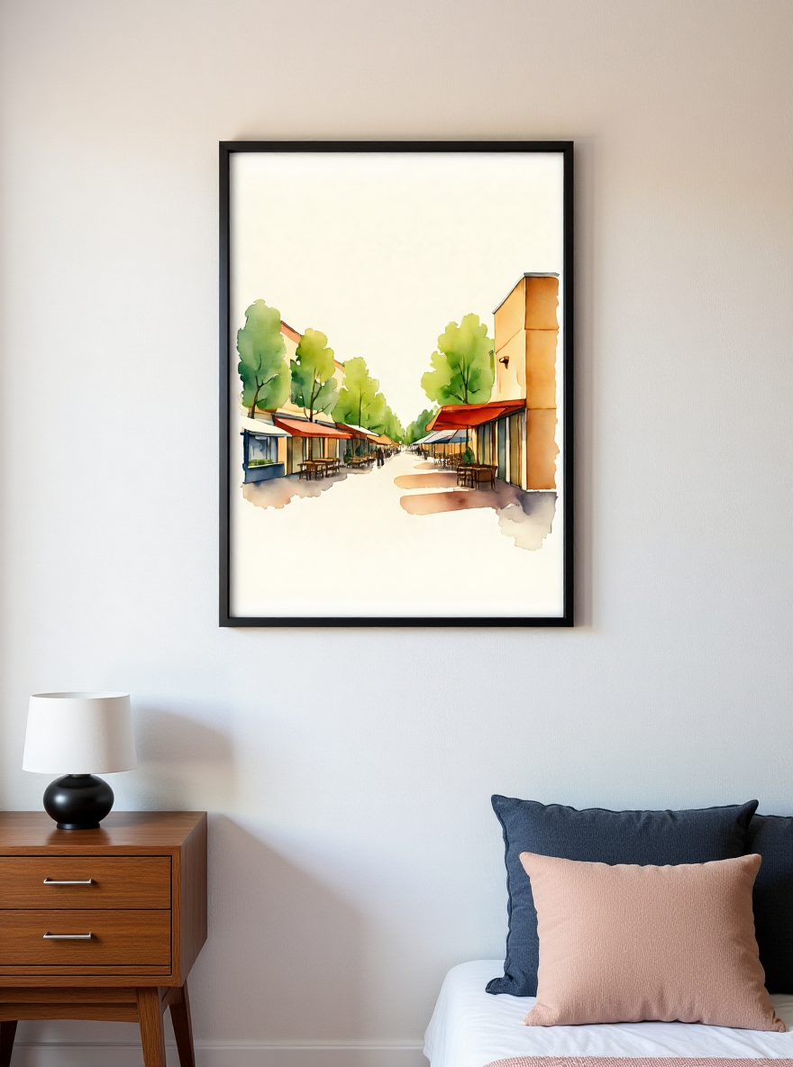 Framed artwork of a street scene on a wall above a bed with pillows.
