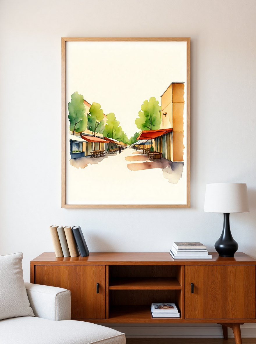 Framed artwork of a street scene on a wall above a wooden sideboard with books.
