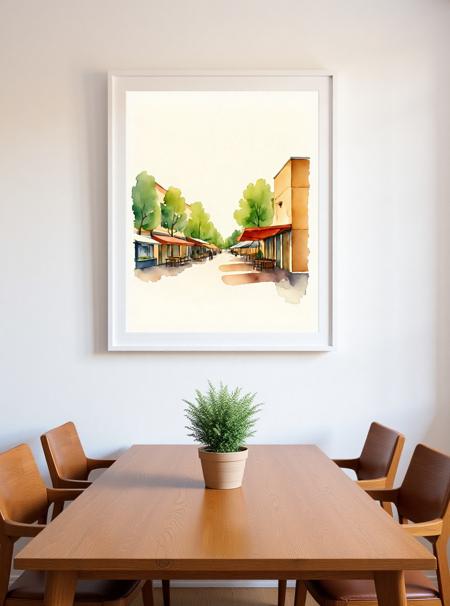 Framed artwork of a street scene above a wooden dining table with chairs.