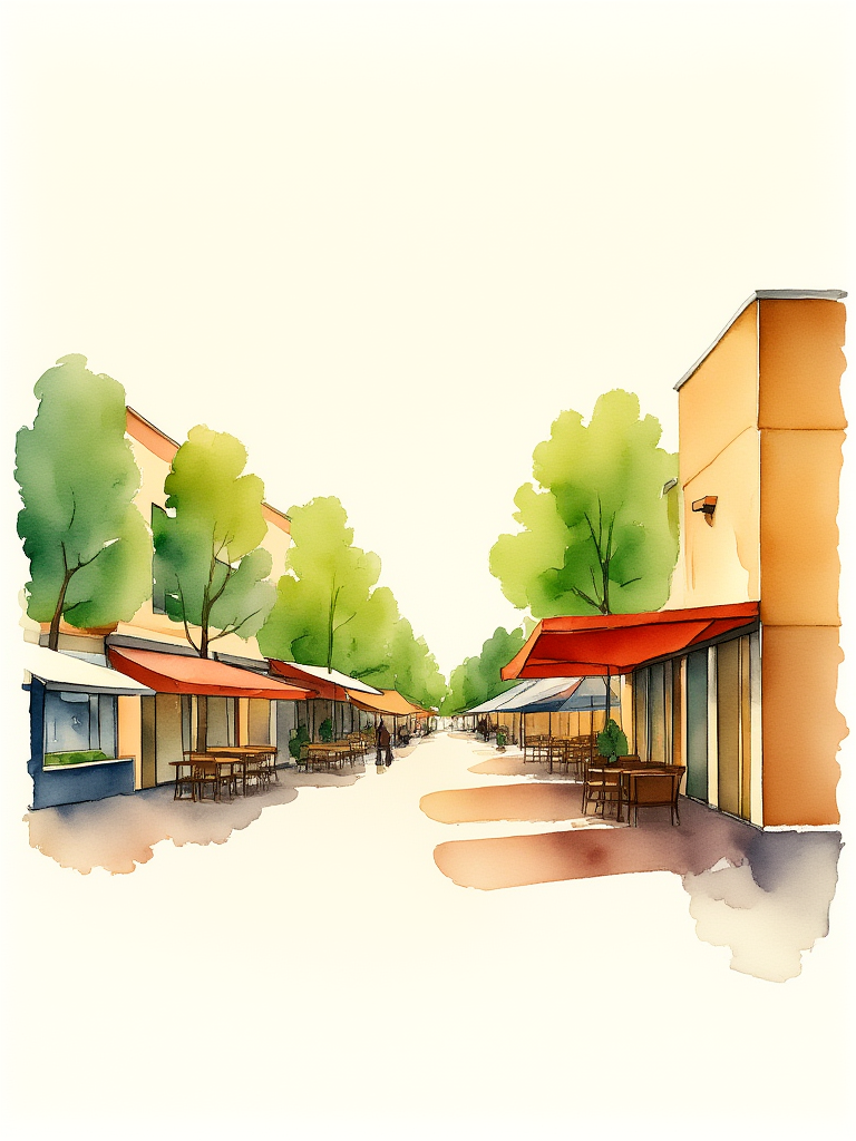 Illustration of a street with shops and trees on a white background