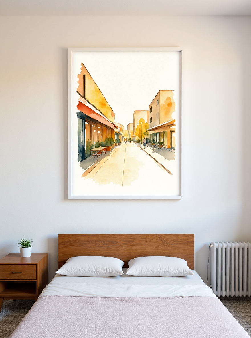 Framed artwork above a bed in a bedroom setting