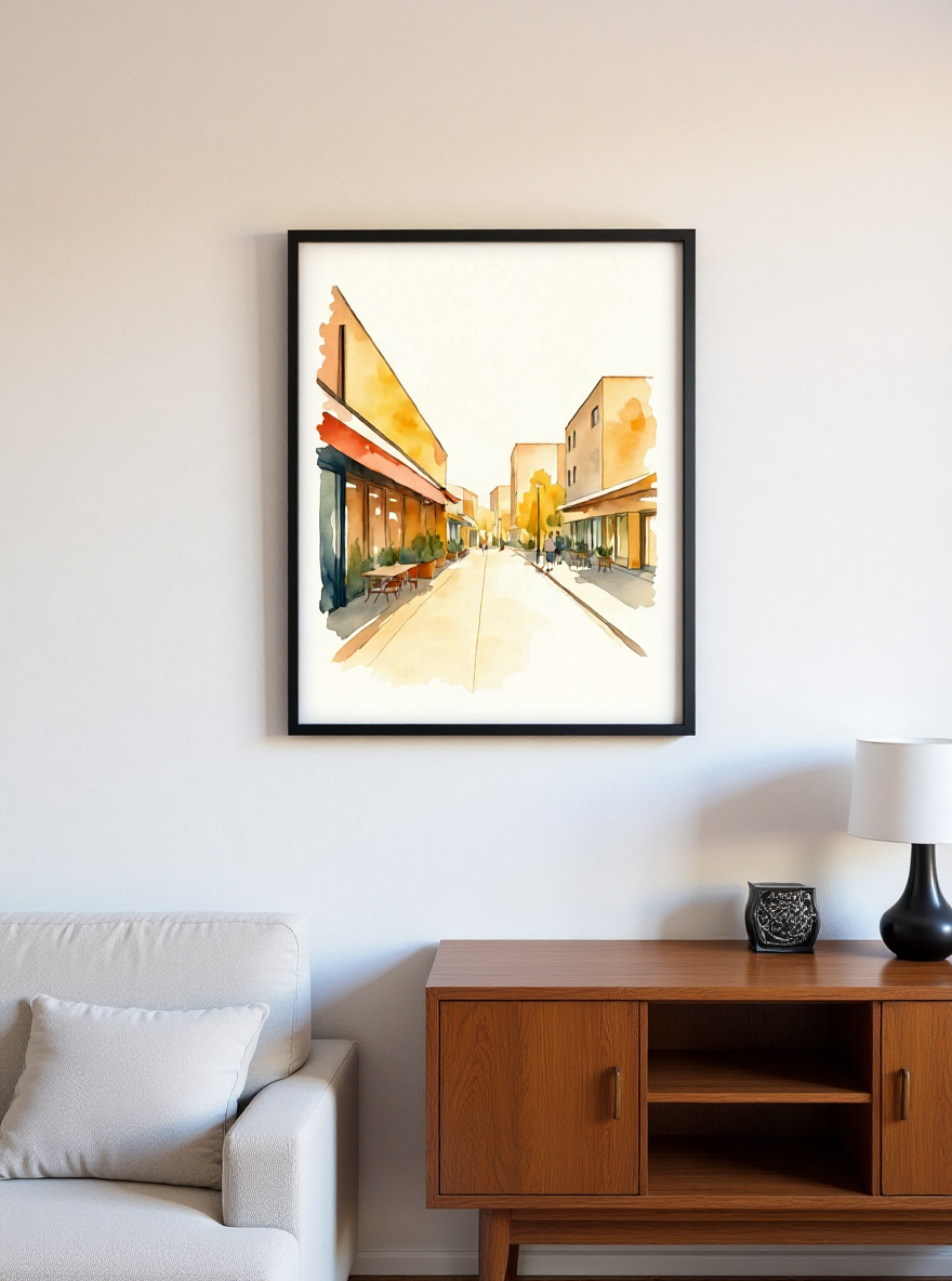 Framed artwork of a city street scene on a wall above a sofa and wooden cabinet.