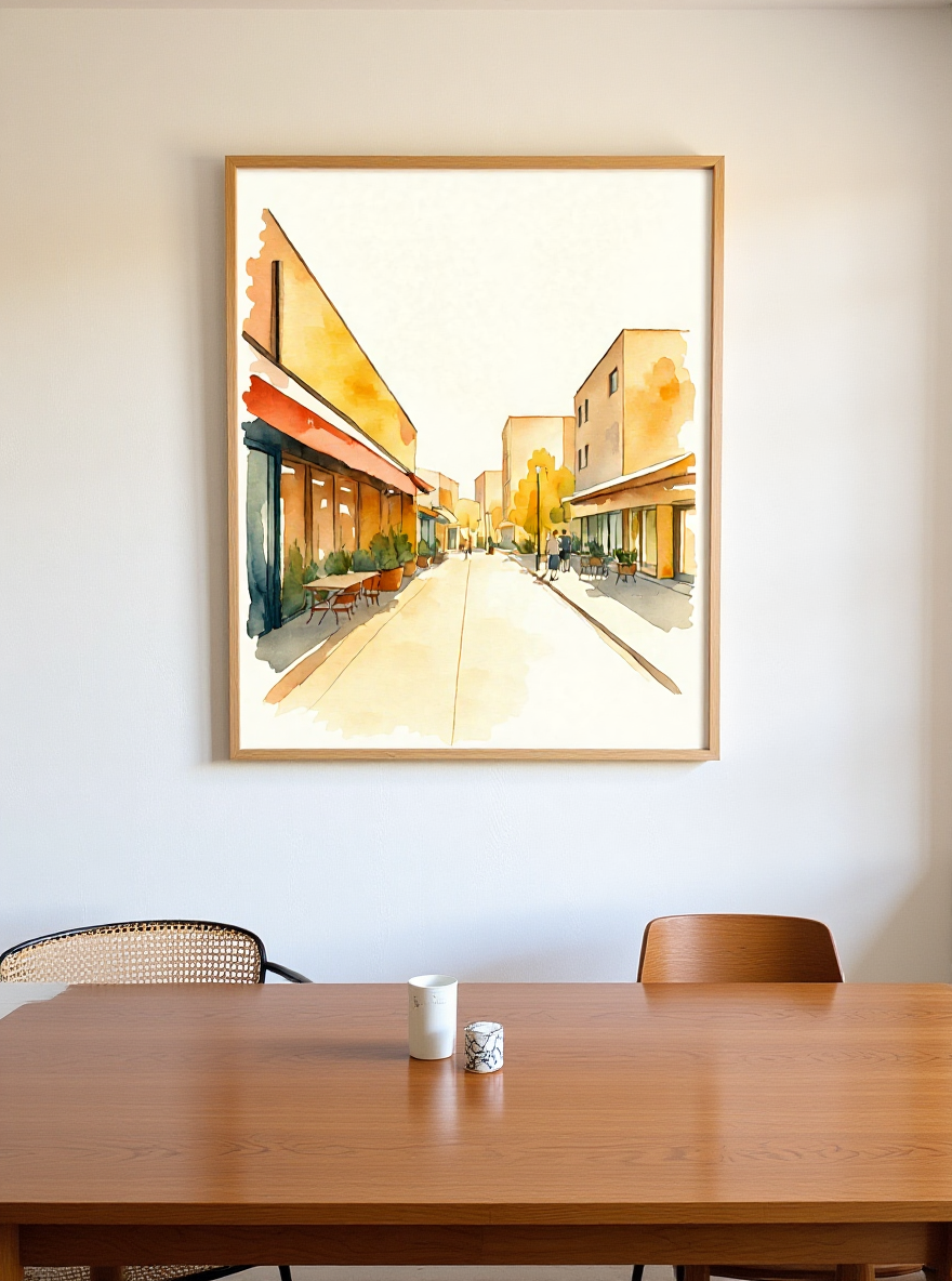 Framed artwork of a city street scene on a wall above a dining table with chairs.